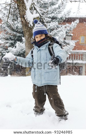 Happy Schoolboy Kid Wearing Warm Clothes In Snow Stock Photo 93246985 