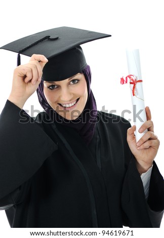 Happy graduate arabic muslim student with diploma Happy graduate arabic muslim student with diploma