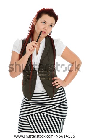 Modern beautiful secretary with pen wearing vest and striped skirt isolated on white background