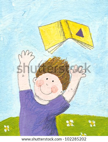 Acrylic illustration of the last day of school year - happy boy