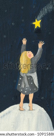 Acrylic illustration of the little match girl and shooting star from H. C. Andersen story