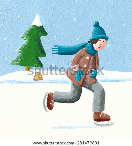 Acrylic illustration of boy sliding on winter skates - artistic content