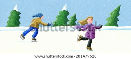 Acrylic illustration of boy and girl skating on ice - artistic content