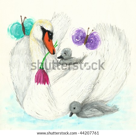 Acrylic illustration of Swan family in lake