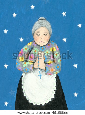 Acrylic illustration of Grandmother praying in the night