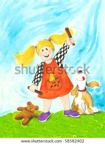 Hand made illustration of the little girl playing with dog