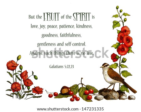 Bible Verse, Fruit of Spirit, Nature Art: This bible verse from Galatians about the fruit of the Spirit is embellished with my original artwork of poppies, hollyhocks, a sparrow, and some berries.