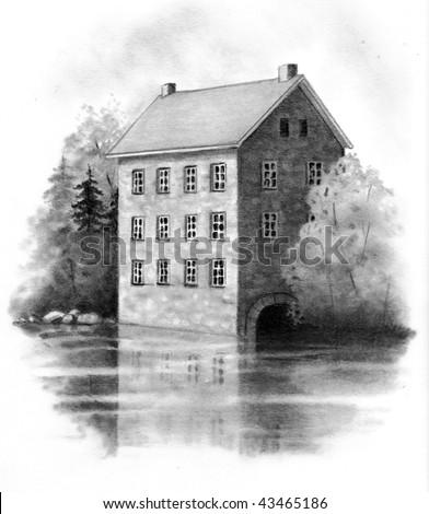 Pencil Drawing of Old Stone Mill