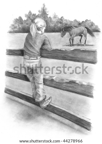 Pencil Drawing of Girl and Horse