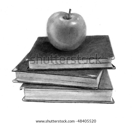 Pencil Drawing of Apple on Old Books