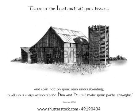 Pencil Drawing of Old Barn with Proverbs Bible Verse