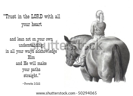 Pencil Drawing of Girl on Horse with Bible Verse