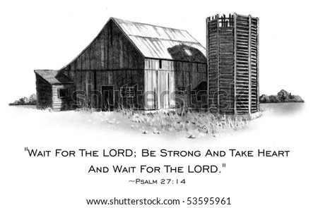 Pencil Drawing of Barn with Bible Verse