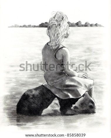 Pencil Drawing: Small Girl Seated On Rock in River