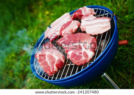 Fresh pork meat being prepared on portable barbecue grill