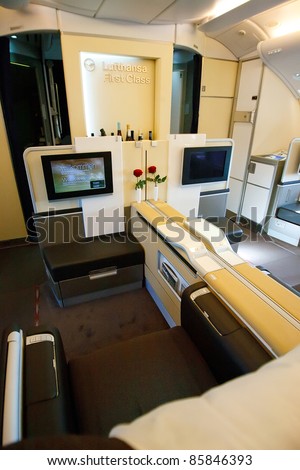 PRAGUE, CZECH REPUBLIC - OCTOBER 2: first-ever arrival of the largest passenger aircraft today, Airbus A380, to the Airport Prague on October 2, 2011. First class luxury seat.