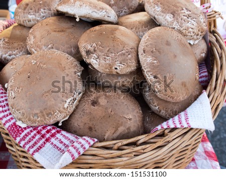 A basket of large portobello mushrooms in basket at local farm market.