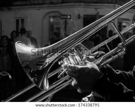 Musician playing jazz trombone in the French Quarter, New Orleans.