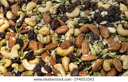 Mixture of nuts and dried fruit at local farm market.