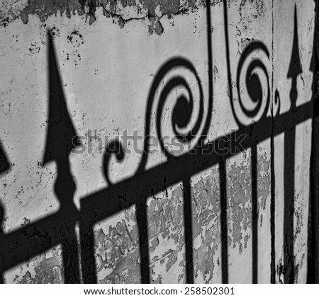 The shadow of an elaborate wrought iron fence on an old wall in New Orleans.