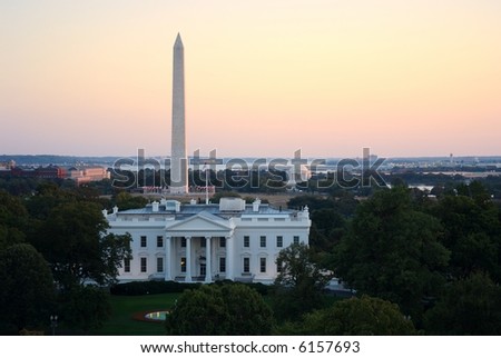 Three symbols of Washington, DC - the White House, the Washington Monument and the Jefferson Memorial