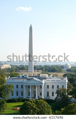 Three symbols of Washington, DC - the White House, the Washington Monument and the Jefferson Memorial in horizontal picture