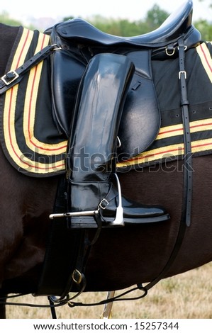 Vertical photo of boot reversed in stirrup of riderless horse at military funeral