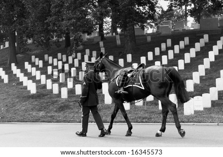 Horizontal black and white photo of riderless horse with boot reversed in stirrup being led in funeral procession at Arlington National Cemetery