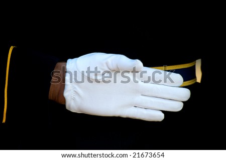 Horizontal photo of soldier with hand in parade rest position with dress white glove on hand