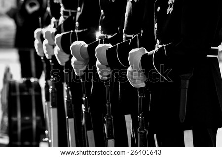 Black and White horizontal photo of Honor Guard at Arlington National Cemetery