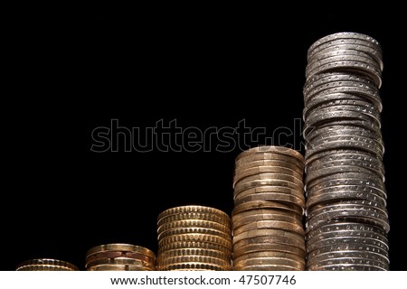 Concept of a growing chart assembled from five stacks of Euro Coins reaching from 20 Cent to 2 Euro, isolated on black background