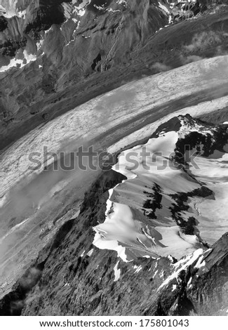 Black and White Aerial Photograph of Glacier on way to Denali from Talkeetna Alaska