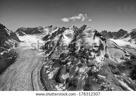 Dramatic Black and White Landscape of Denali or Mt Mckinley and Glacier from Airplane Alaska