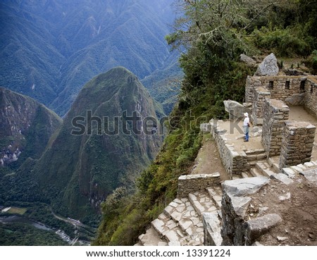 Ancient Ruins Eighth Wonder of World at Machu Picchu Man Looking at Vista