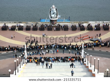 RUSSIA, NIZHNY NOVGOROD - SEPTEMBER 06, 2014: Taking the oath of the Nizhny Novgorod police academy cadets. The event takes place near Chkalov stairs on area around the boat Hero.