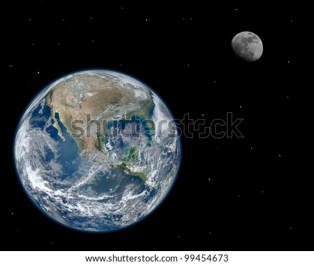 A composite image of the moon and earth with stars. Elements of this image furnished by NASA.