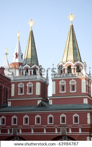 two tower orthodox church in gate in Red Square in Moscow monument of orthodox architecture of Russia