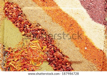 Assorted spices for gourmet dishes, background
