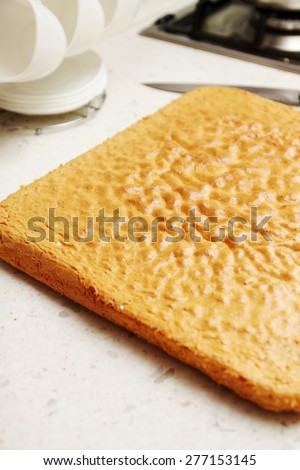 Sponge cake cools down on the table