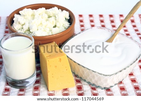 Cottage cheese, sour cream, milk and cheese on a colored background.