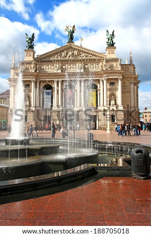 LVIV, UKRAINE - SEPTEMBER 4: Fountain in the background State Academic Opera and Ballet Theatre Solomiya Krushelnytska on September 4, 2013, Lviv, Ukraine. Theatre is built in 1897 - 1900.