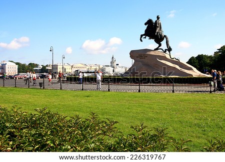 RUSSIA, SAINT - PETERSBURG - 16 JULY, 2014: Monument to Peter I on the Senate Square is the first monument in St. Petersburg. Opening of the monument took place on 7 August (18 August), 1782.