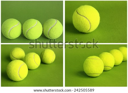 Sports collage of four photos depicting tennis balls on a green background.
