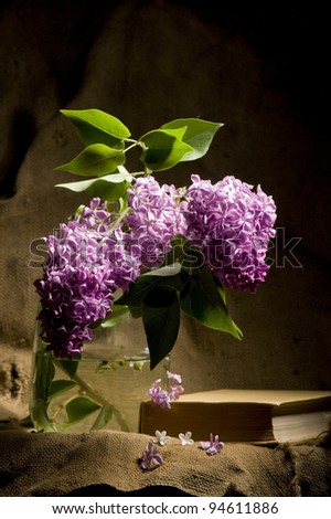 bouquet of spring purple Lilac and book