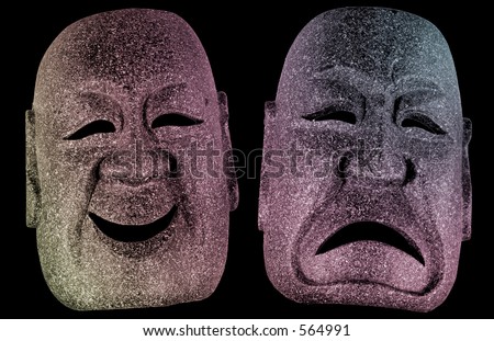 Classic theater masks of Tragedy and Joy (Happy and Sad) have a tribal carved look.