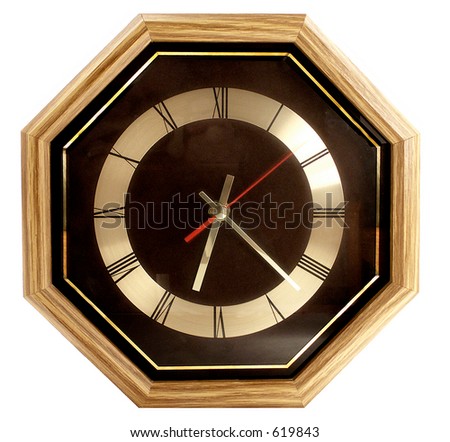 Classic, octagonal shaped, roman numeral style clock with wooden frame and red second hand.