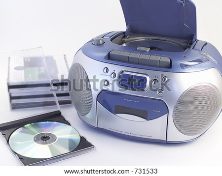 Boombox with music CDs.