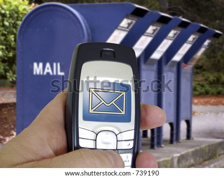 New technology email from cell phone contrasts with a bank of old mail boxes in background.