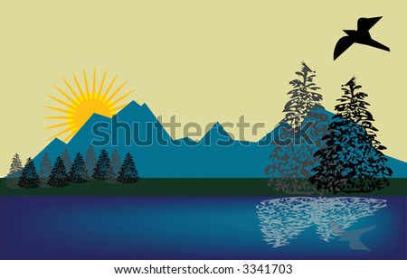 Quiet landscape scene by lake as bird wings it overhead in this vector illustration.