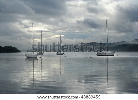 Boats on Lake Windermere in English Lake District.
